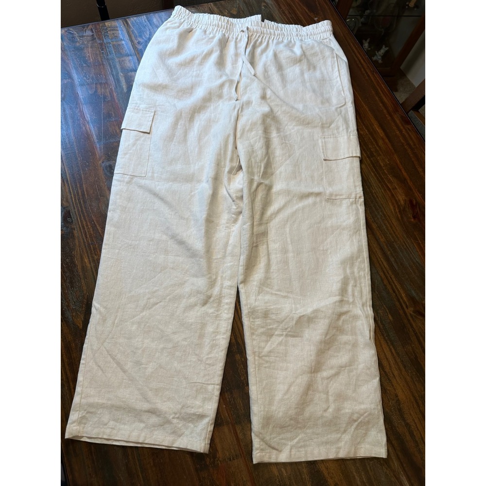 Cream Linen Blend Wide Leg Cargo Pants Womens XL Martha Stewart‎ Collection